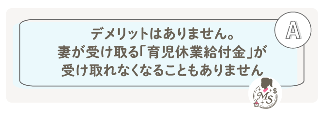 デメリットはありません。妻が受け取る「育児休業給付金」が受け取れなくなることもありません。