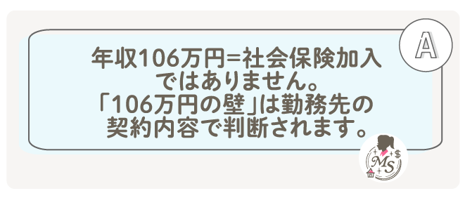 年収106万円=社会保険加入ではありません。
「106万円の壁」は勤務先の契約内容で判断されます。
