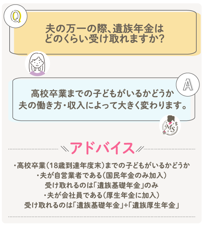 夫の万一の際遺族年金はどのくらい受け取れますか？高校卒業までの子どもがいるかどうか・夫の働き方・収入によって大きく変わります。