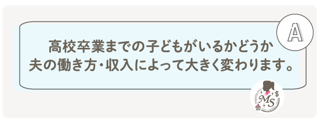 高校卒業までの子どもがいるかどうか・夫の働き方・収入によって大きく変わります。